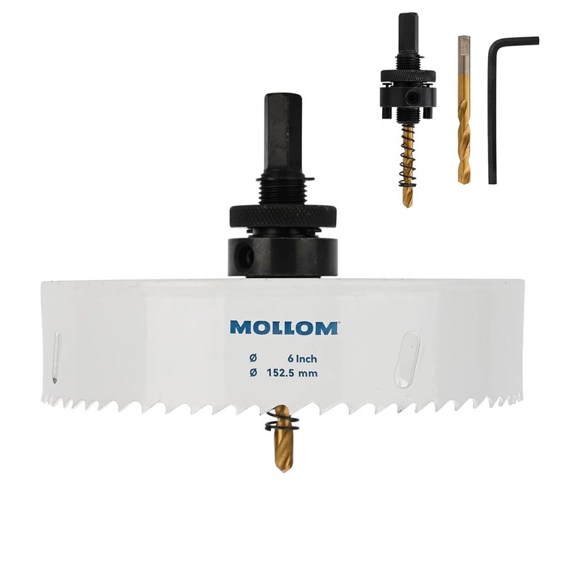 Mollom (152.5mm | 6") HSS M42 with 8% Cobalt BI-Metal Hole Saw with 2 Pilot Drill Bits & Arbor Smooth Cutting for PVC,Drywall,Wood,Plastic,Gypsum Board,Rubber - Image 1